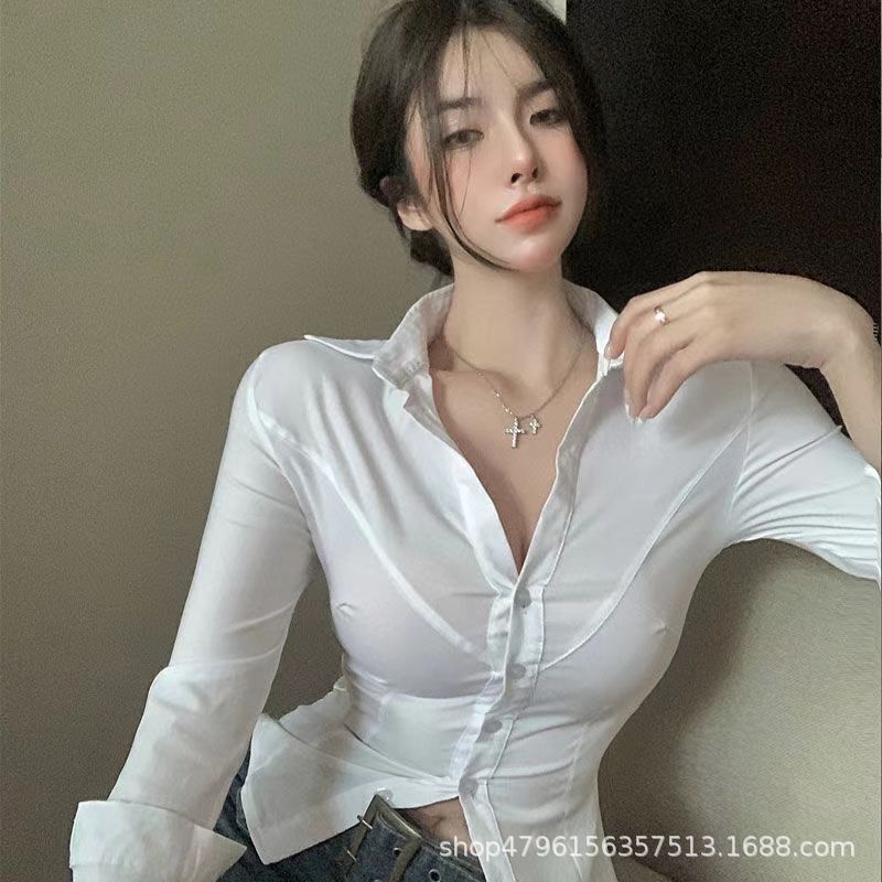Tight Waist Pure White Shirt Hot Girl Slim-fit Niche Slimming Professional Shirt Chic Long Sleeve Design Top