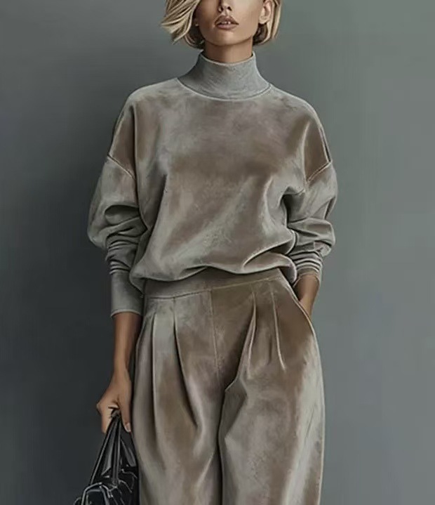 Damen Strick Zweiteiler Set Langarm Oberteil Und Weite Hose_voghion.com