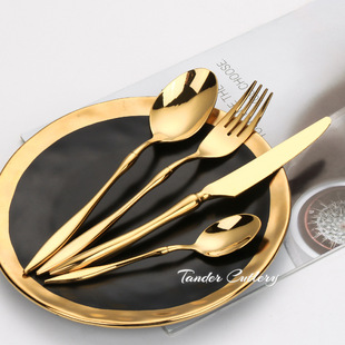 European-style Golden Steak Knife, Fork and Spoon Set 304 Stainless Steel Knife, Fork and Spoon Three-piece Set Thickened Western-style Tableware Set