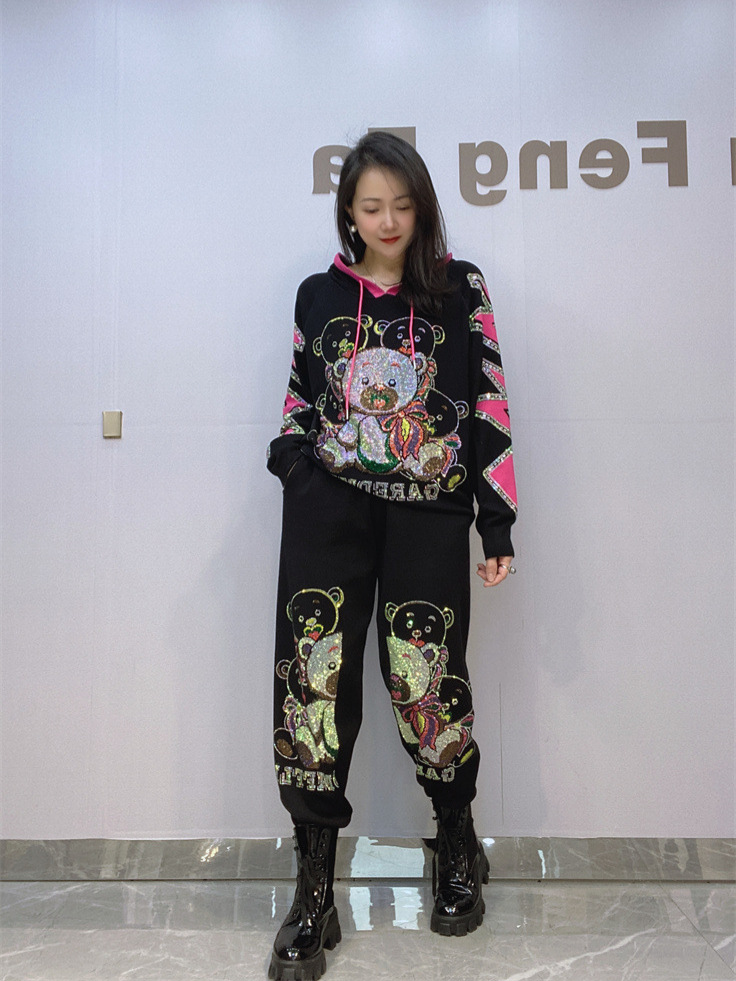 Encapuchado con capucha de punto de manga larga pantalones traje casual de las mujeres primavera y otoño Nuevo más tamaño de las mujeres pesado arte traje de dos piezas