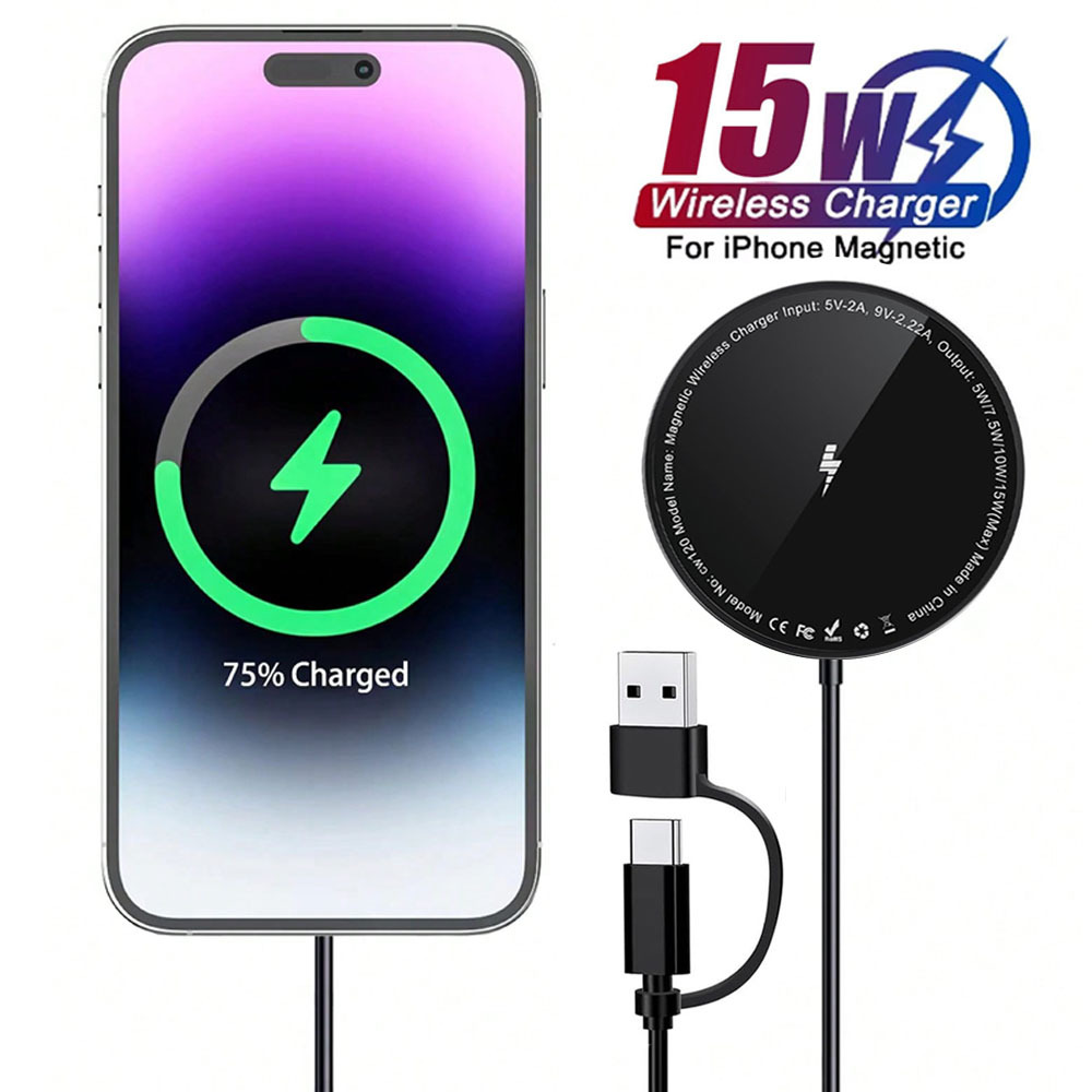 Wireless charging magsafe15W magnetic fast charging belt line A C dual-port two-in-one ultra-thin magnetic wireless charger