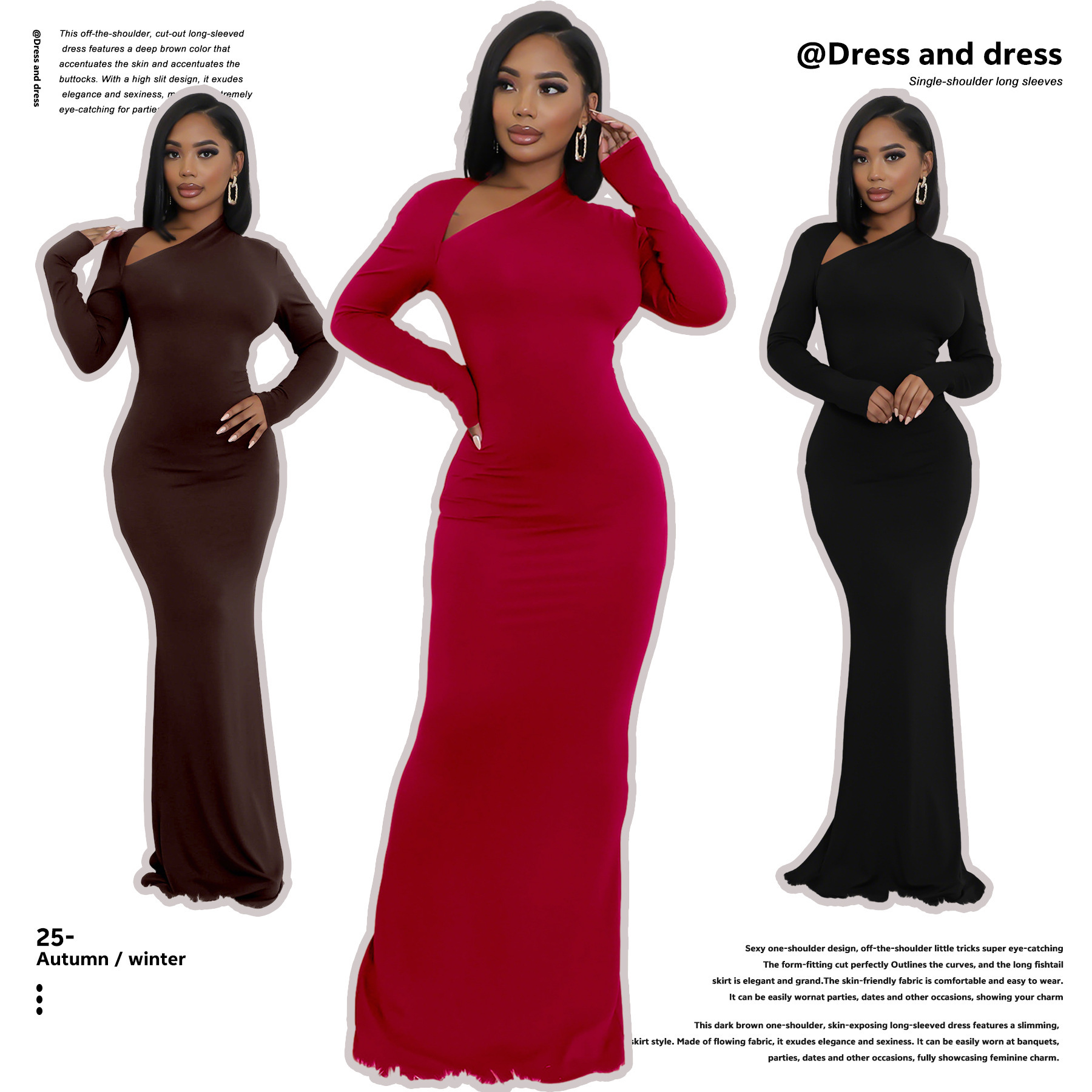 New Autumn and Winter One-Shoulder Long-Sleeved Dress, Women's Slim Fishtail Long Dress, Elegant Slimming Look Banquet Evening Dress