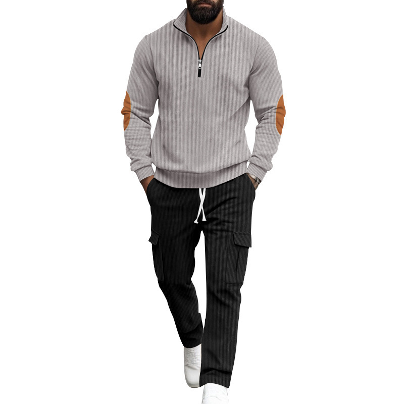 Men's Corduroy Quarter-zip Pullover And Trousers Lounge Set_voghion.com