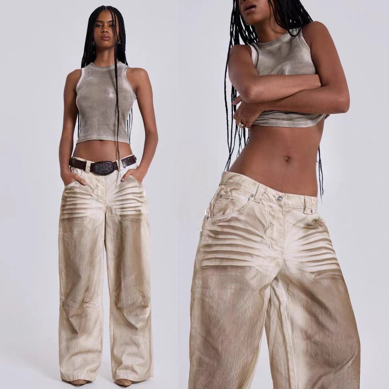 Jaded London Millennial Hot Girl Dirty Dyed Wide-Leg Straight-Leg Pants Faded Loose Distressed Casual Jeans