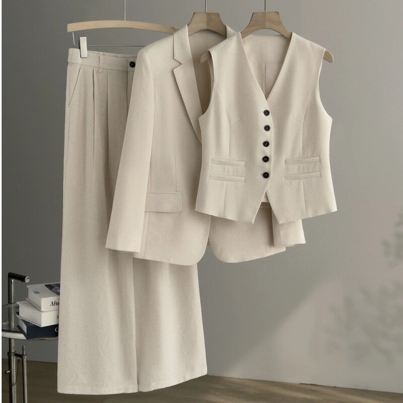 Linen Blend Suit Set for Women, Vest, Suit, Straight-Leg Pants, Three-Piece Set, Professional Workwear, Women's Clothing Wholesale Linen Blend Suit Set for Women, Vest, Suit, Straight-Leg Pants, Three-Piece Set, Professional Workwear, Women's Clothing Wholesale