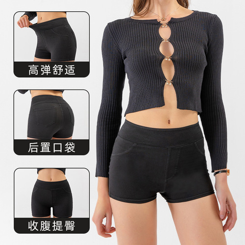 Women's High-Waisted Tight Thigh-Lifting Pocket Casual Sporty Denim Shorts for Spring and Summer, Western Style, Outerwear Three-Way Shorts
