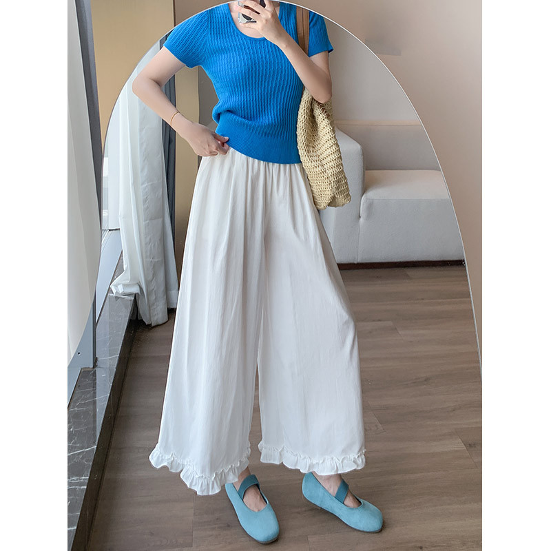 白韓国スタイル木耳レースリネンワイドレッグパンツ女性の夏のハイウエストストレートカジュアル小柄マイクロフレアパンツ|undefined