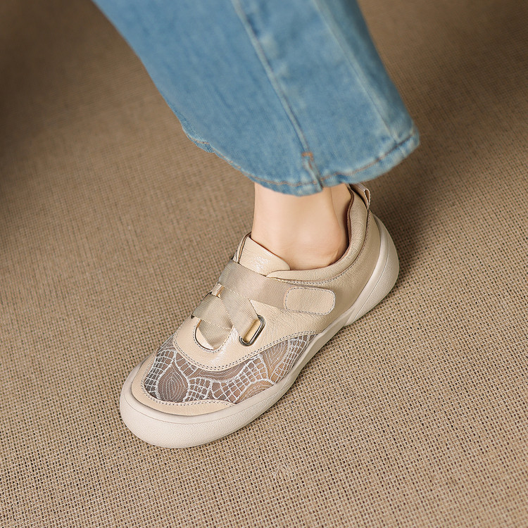 Giày sneaker nữ phối màu da thật lỗ thoáng khí đế bệt buộc dây kết hợp miếng dán — màu trắng ngà chi tiết 22