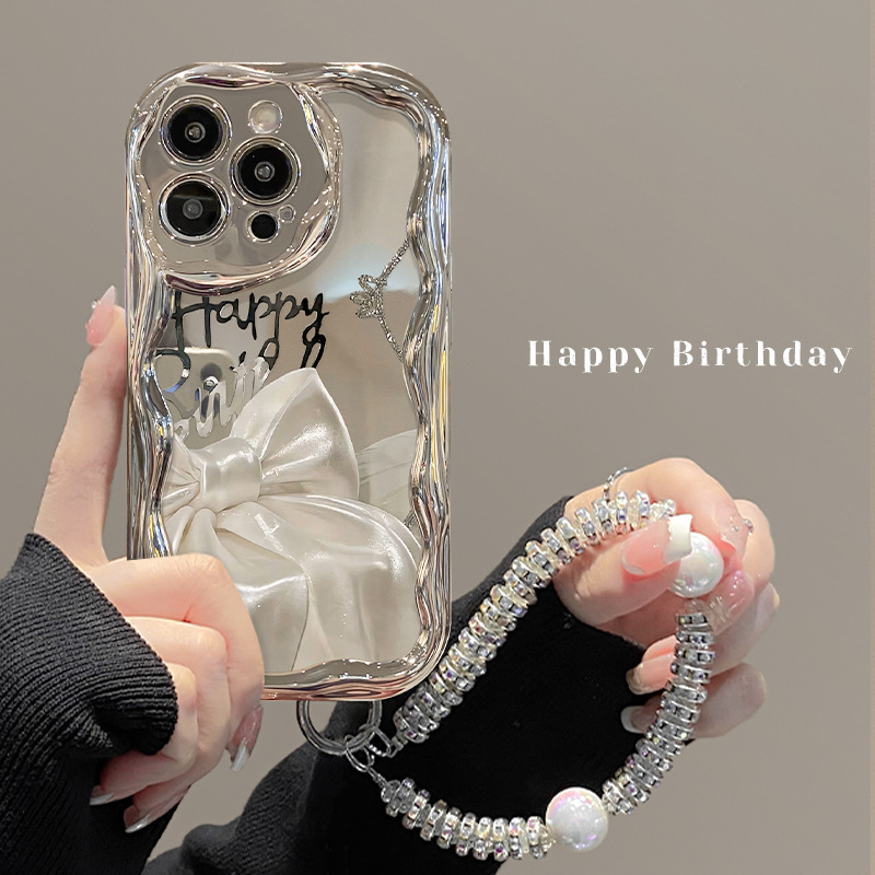 Suitable for Apple 15 Phone Case with a High-End Feel, iPhone 14 Ribbon Bow Bracelet, 13 Electroplated Silver, 17 Silicone, 16