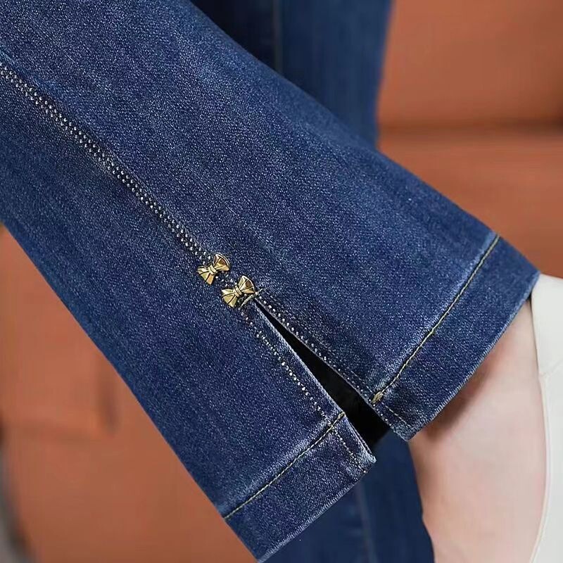 High-waisted, slightly flared jeans for women, spring and autumn style, fashionable straight-leg, slit, bell-bottom pants, stretchy, slimming, and cropped High-waisted, slightly flared jeans for women, spring and autumn style, fashionable straight-leg, slit, bell-bottom pants, stretchy, slimming, and cropped