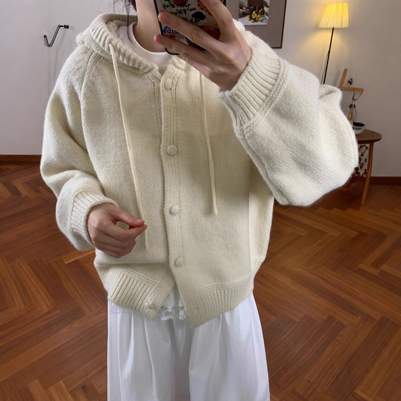韩系加厚纯色连帽毛衣外套女复古秋冬新款显白百搭慵懒针织衫上衣|undefined