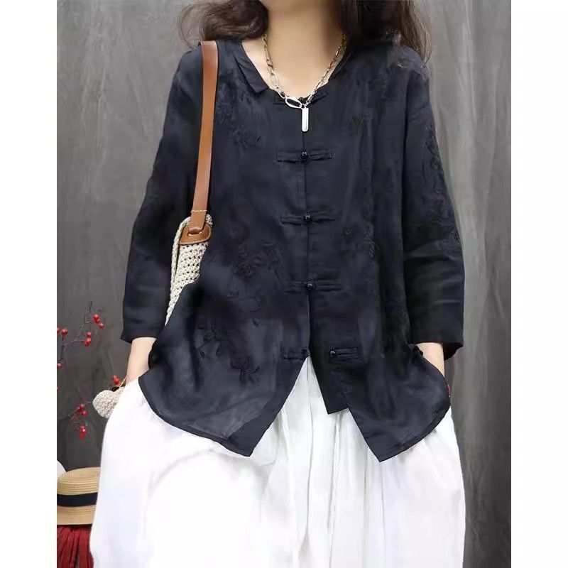 Summer New Style Mid-Length Sleeve Versatile Elegant Plus-Size Women's Clothing with an Artistic Vintage Ethnic Style Short-Sleeve Shirt Top