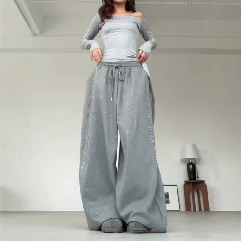 American Street Jazz Dance Rhinestone Sweatpants Casual Women's Gray Wide-Leg Pants Slimming Drape Straight-Leg Drawstring Long Pants
