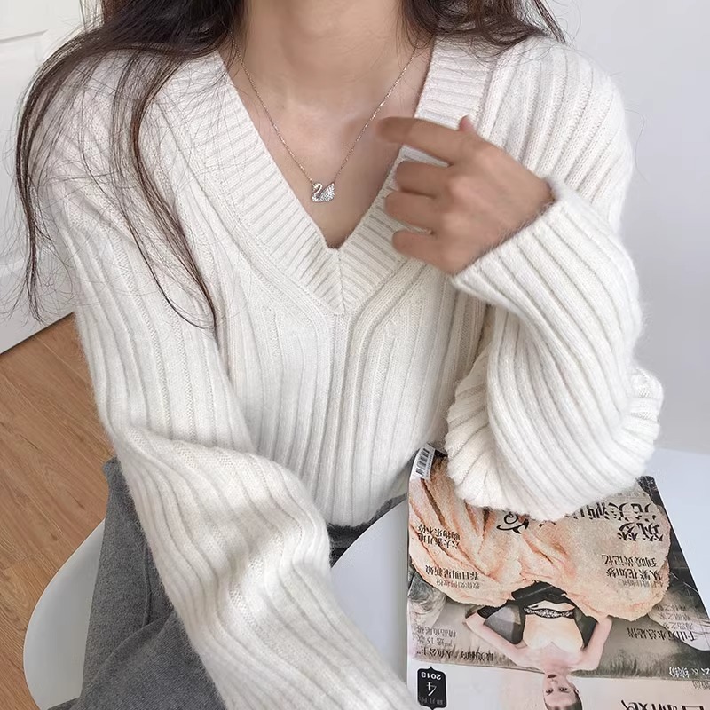 日韩复古V领套头毛衣女秋冬新款慵懒风软糯宽松百搭针织衫上衣女|undefined