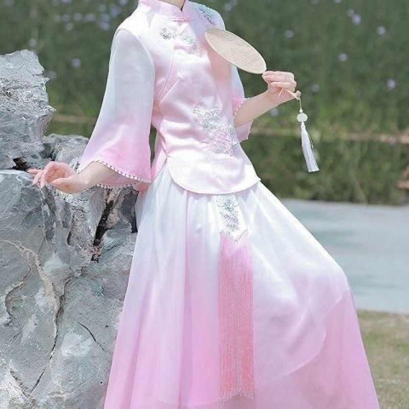 エスニックスタイルスーツスリム女性漢服大人中国風刺繍春夏唐スーツトップスとスカート 2 点セット|undefined