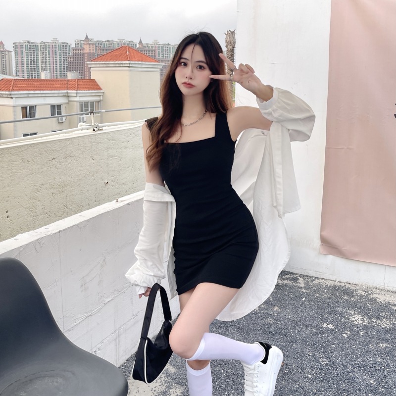 810 #   순면 여름 스퀘어넥 원피스 여성 슬림핏 서스펜더 블랙 드레스 실제 사진