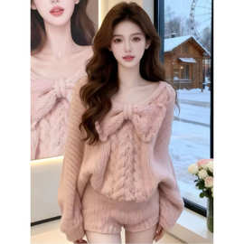 韩系一整套穿搭2025新款温柔风巨好看麻花针织毛衣短裤两件套