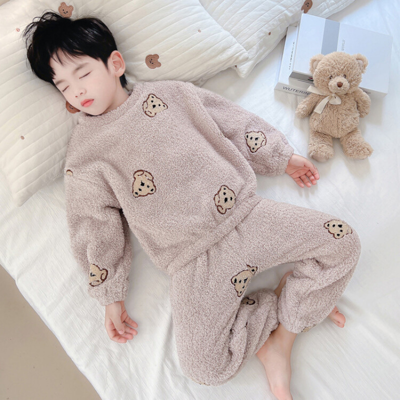 곰 어린이 가을과 겨울 기모 두꺼운 가정 옷은 따뜻한 세트 부드러운 잠옷을 입는다.
