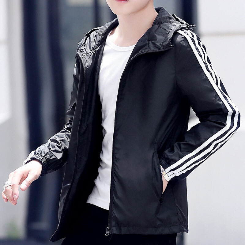 Chaqueta deportiva transfronteriza para hombre, fina, de primavera y otoño, informal, cortavientos para exteriores, talla grande, con capucha y tres rayas.