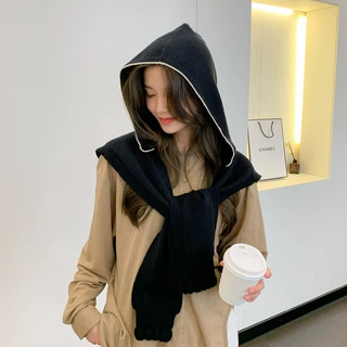 罗纹纯色连帽披肩女秋冬季韩版气质百搭护颈外搭保暖围巾搭肩装饰