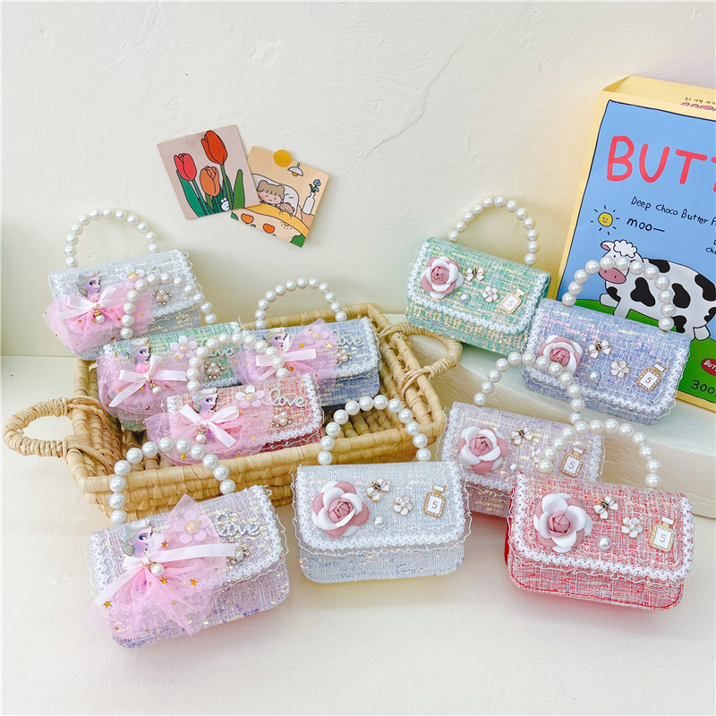 Bolsos infantiles princesa pequeña cadena de viento bolsa de perlas accesorios bolsos de mano niños de moda lindos bolsos de hombro de flores chicas