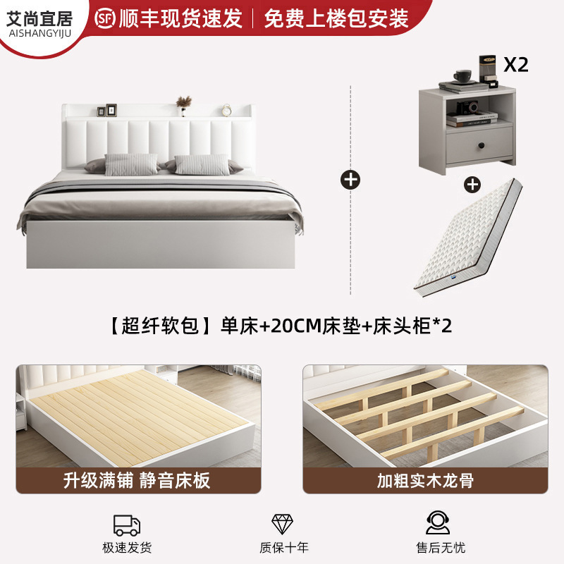 实木床现代简约1.5米床双人床家用1.8新款储物床出租房用单人床架|undefined