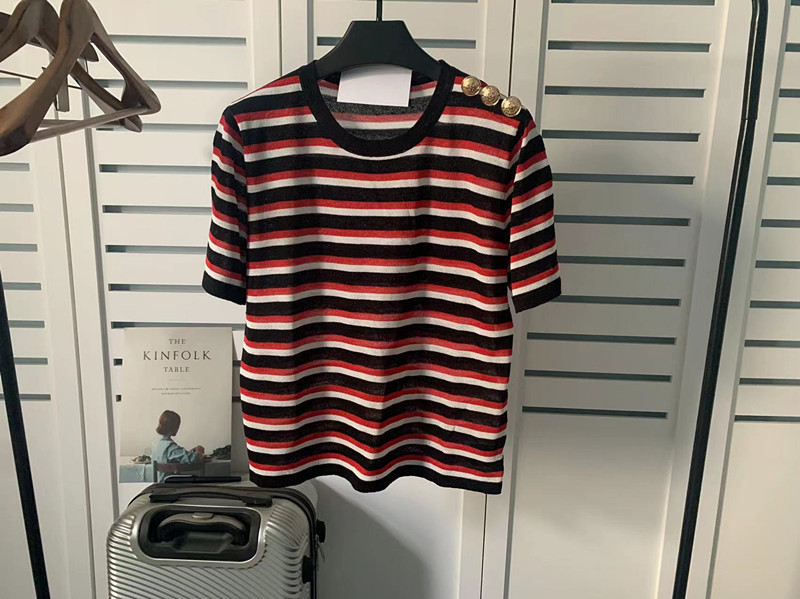 24Ss Spring and Summer New Balmain Cotton and Linen Loose Stripesd Gold Buckle Pullover Ins Couple Knitted T-Shirt