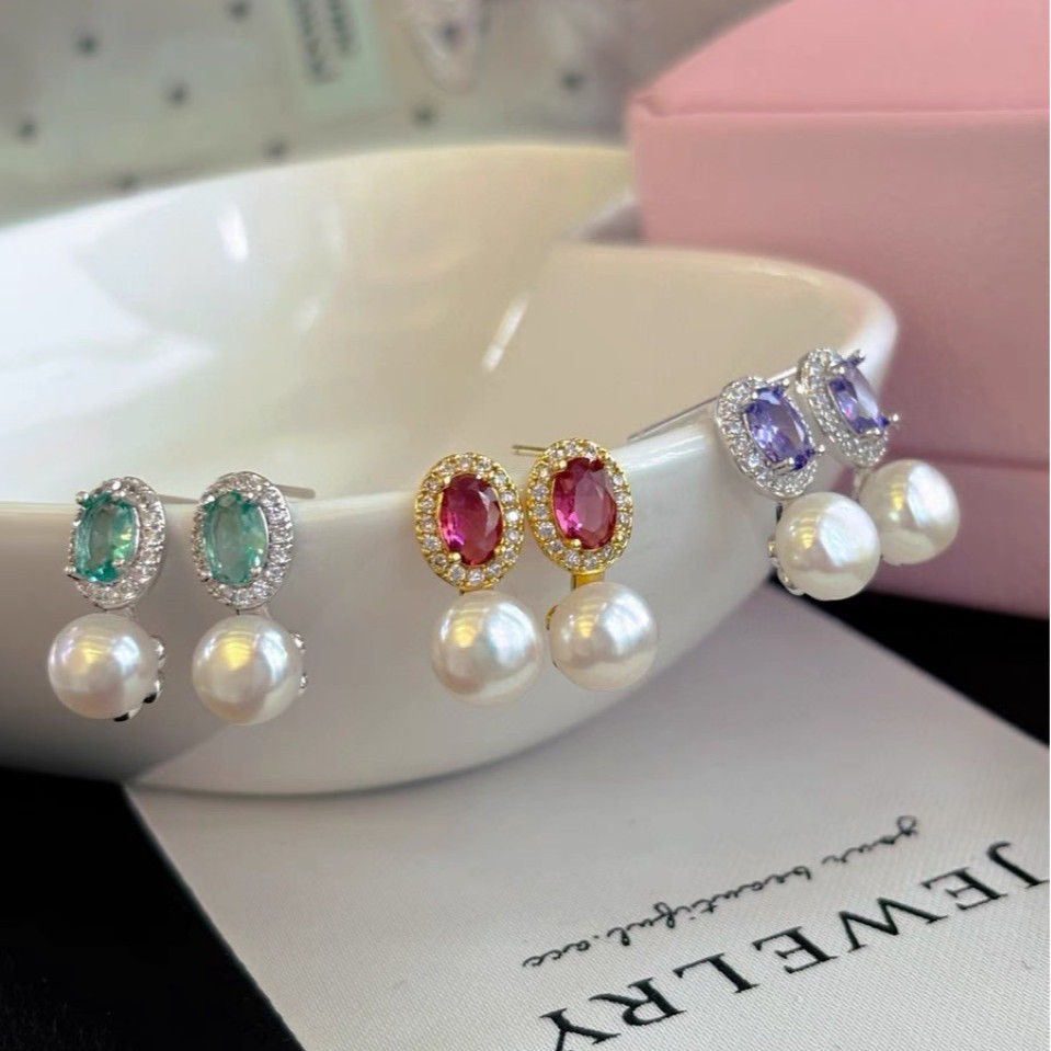 Light Luxury Versatile Freshwater Pearl Zju Source Earrings Retro Temperament Exquisite Royal Blue Zircon Earrings Wholesale