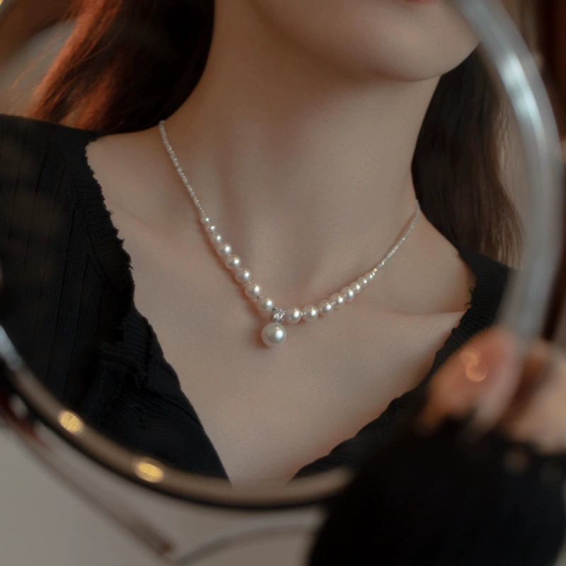 Fashionable organic necklace from pearl, chain for key bag , 925 sample silver, light luxury style, high-quality style