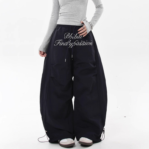 American Retro Letter Embroidered Crepe Parachute Work Pants for Men and Women, Autumn/Winter Design Sense Fleece Wide Leg Bow Knife Pants