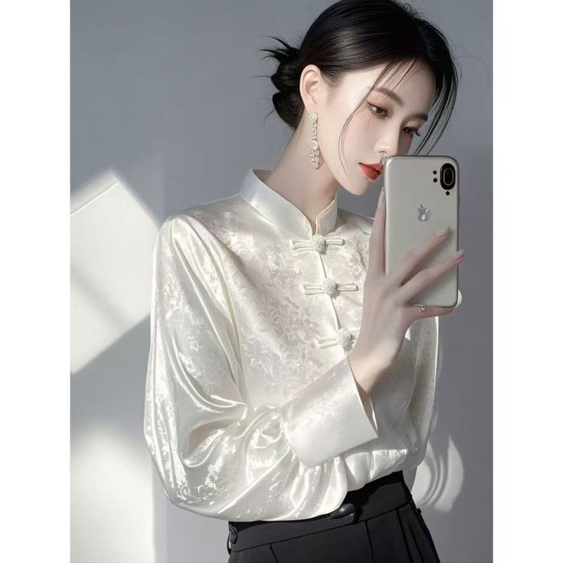 新中式国风内搭打底衫女早春感轻奢减龄洋气白色提花衬衫2025|undefined