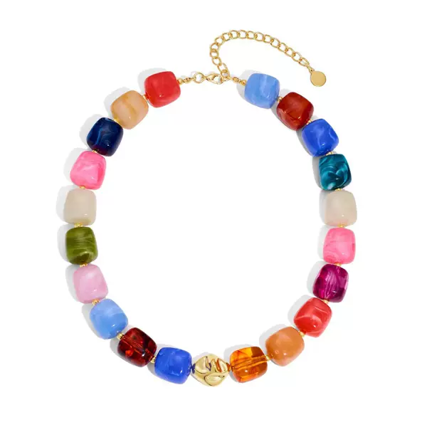 Women's Beach Necklace with Colorful Resin Beads, Gold Irregular Beads, Adjustable Necklace with Colorful Square Resin Beads