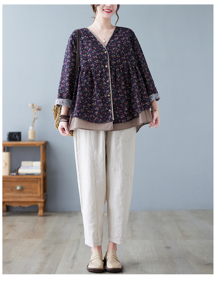 350g Weight Long Sleeve Sleeve Length Single Breasted Placket Type Regular Sleeve Sleeve Type Printing, Cotton and Linen, Hemp Fabric Type Ordinary Model (50cm <Length ≤ 65cm) Top Length Fake two-piece set, Shirt Tops Type V Neck Neckline Loose Fit Type Floral Pattern Temperament Commuter, Commute style Style Printing Craft Autumn 2025 Women's Floral V-neck Open Cardigan Fake Two-Piece Loose Cotton Linen Plus Size Shirt Elegant Commute Style 8