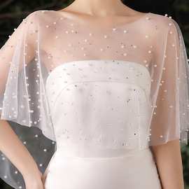 2024春季新款蕾丝珍珠水钻新娘披肩网纱透明斗篷装饰新娘舞台服装