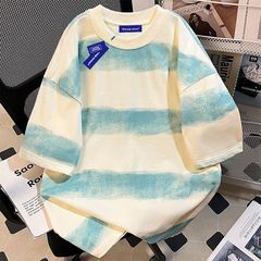 2025 夏の新レトロ国民トレンドストライプカラーブロック半袖 Tシャツ男性と女性のための大きいサイズルーズカップルラウンドネックトップ