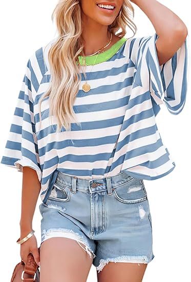 Verano nuevo 2025 transfronterizo Europa y América Amazon rayas de manga corta camiseta de cuello redondo casual suelta camiseta de mujer