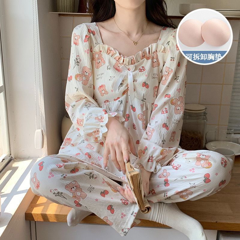 春秋季女新款带胸垫方领云朵棉卡通可爱公主风格女士家居服套装|undefined