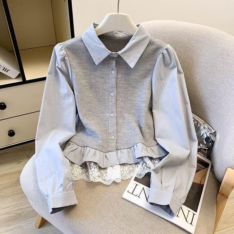 New Year 2026 Long-Sleeve Sweet Lace Patchwork Top Slim Fit Fake Two-Piece Base Shirt for Women College Style Spring and Autumn