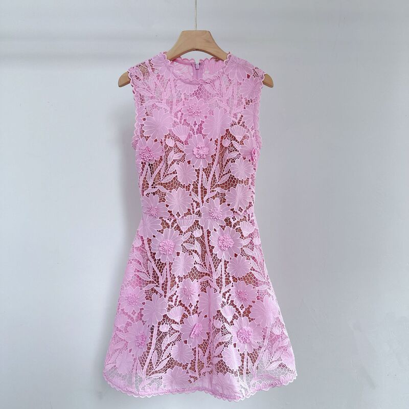 Pink Sweet Girly Water-Soluble Lace Floral Hollow-Out Round-Neck Elegant Waist-Cinching Short Two-Piece Dress Set