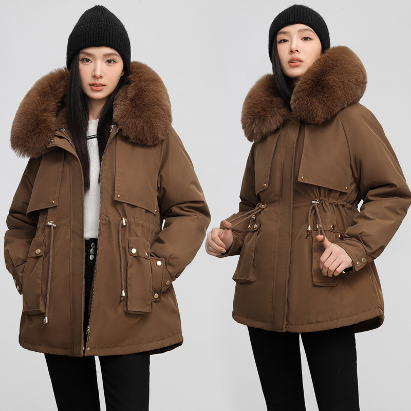 Ropa de mujer Chaqueta de algodón cálida con cuello de piel grande y capucha con cintura adelgazante_voghion.com