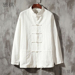 Spring and Autumn New Chinese Style Retro Men's Chinese Style Linen Shirt Men's Long Sleeve Cotton and Linen Buckle Shirt with Vertical Collar Tang Dress