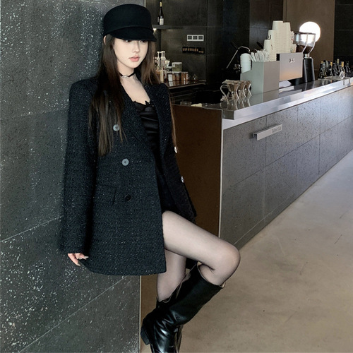 Super good-looking black suit woolen coat small fragrant style casual waist woolen coat women's autumn and winter new style