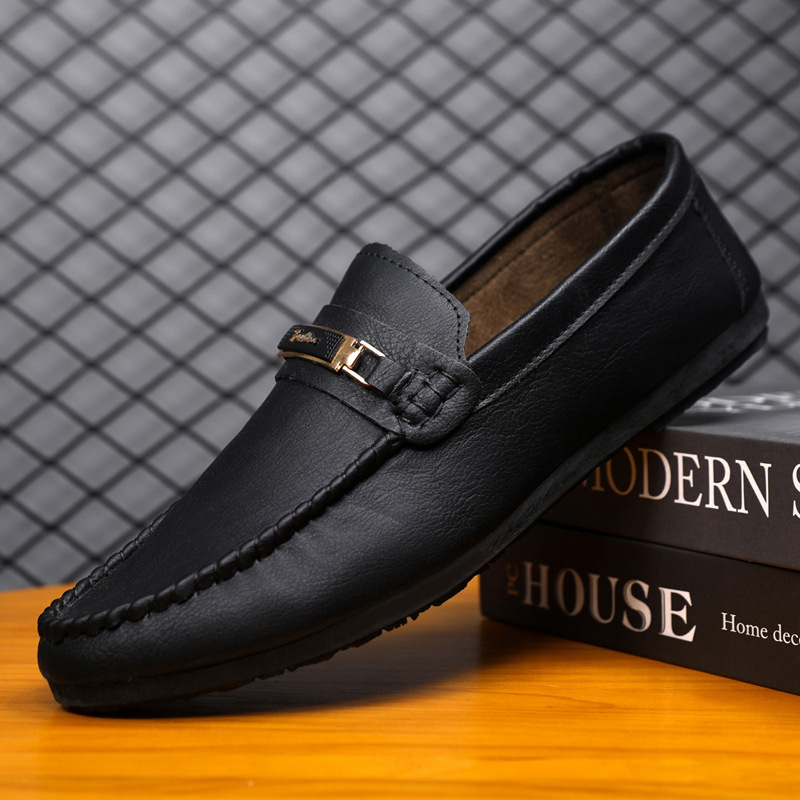 Leather Shoes Waterproof Casual Slip-on Loafers Handmade Business Low-top Black British Men's Shoes Flat Platform Shoes