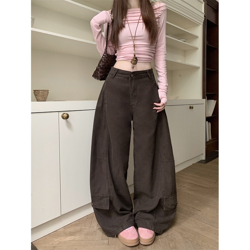 实拍~美式复古咖啡色工装牛仔裤女秋季新款宽松阔腿拖地长裤88342|undefined