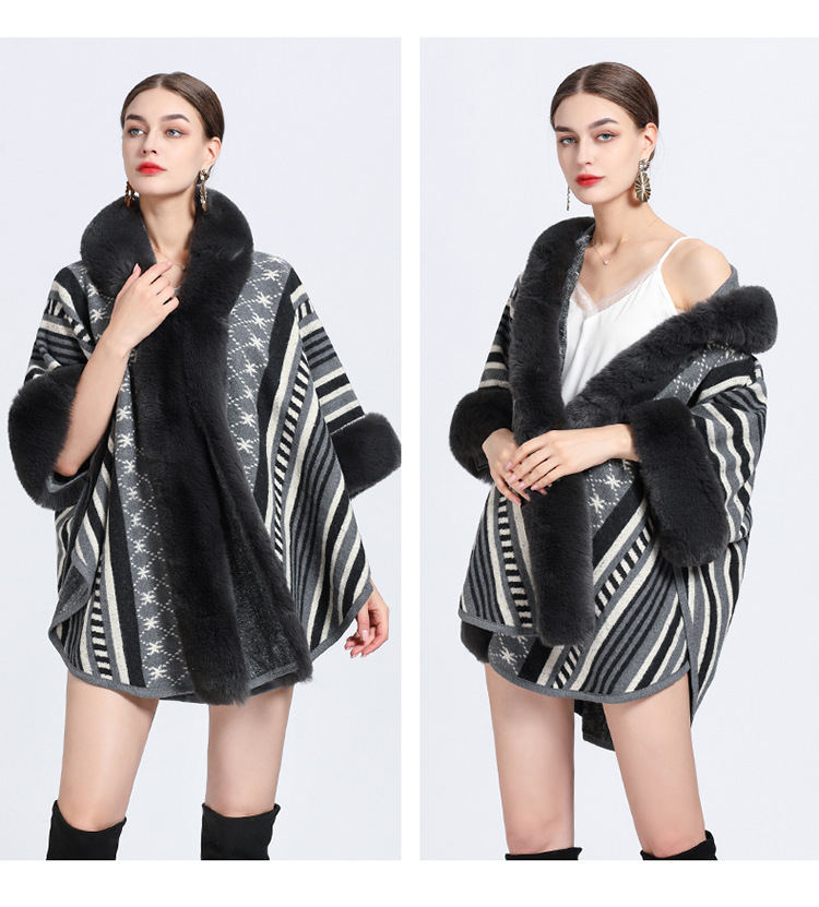Mantella collo pelliccia grande taglia jacquard cardigan maglione cappotto donna_voghion.com