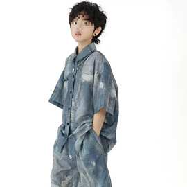 男童仿牛仔衬衫套装夏季儿童短袖衬衫短裤新款夏装薄款宽松套装