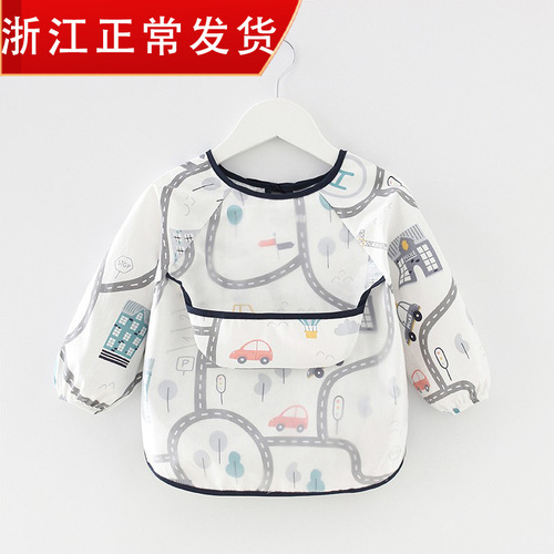 Children's smock waterproof long-sleeved reverse clothing baby eating clothes apron pure cotton children's bib protective clothing with rice pocket