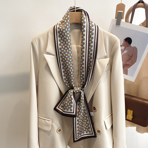 Green small silk scarf for women, Korean small scarf, long spring, autumn and summer, thin, fashionable and narrow, long strip with shirt