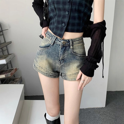 Vintage Distressed Denim Shorts for Women 2025 Summer: American-Style Hot Girl Hot Pants, Wide-Leg Ultra-Cropped Shorts with High Waist and Straight Leg, A-Line Design