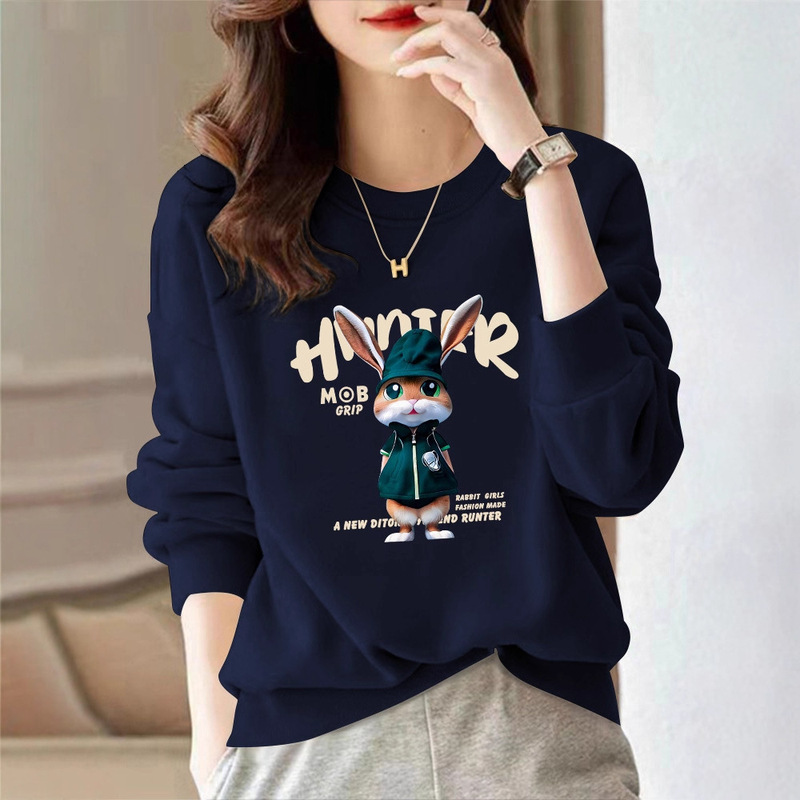 Royal Blue Round Neck Sweatshirt for Women 2025 Autumn and Winter New European Style Large Size Foreign Style Age-Reducing Printed Velvet Thickeneded Top